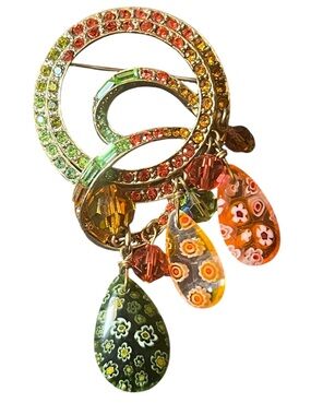 Vintage Sweet Romance Round Crystal Brooch w/ Millefiori Glass Dangle